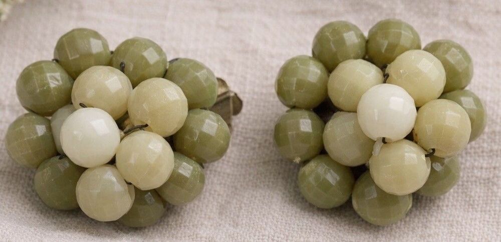 Vintage 1950s Lucite Cluster Clip On Earrings Green Cream Bead Dome Hong Kong